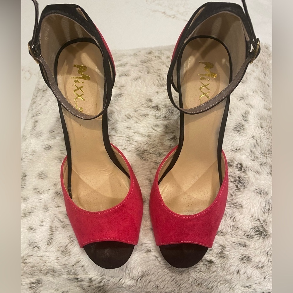 Mixx Shuz Heels | Pink & Black Faux Suede Peep Toe Ankle Strap Stiletto Size 7.5